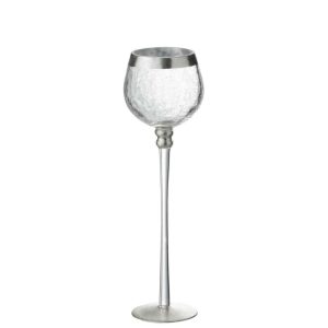 CANDLEHOLDER BALL ON BASE CRACKLE GLASS TRANSPARENT/SILVER LARGE