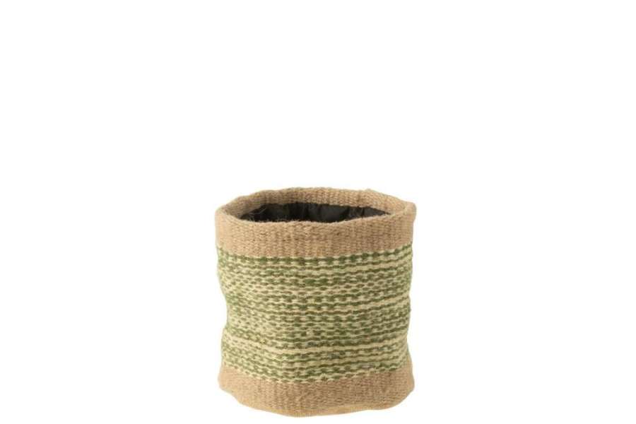 BASKET ROUND+BAND JUTE NATURAL/GREEN MEDIUM