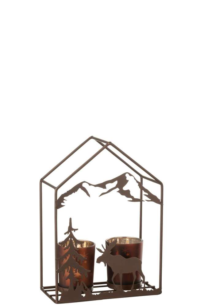 TEALIGHT HOLDER HOUSE 2 GLASSES IRON RUST BROWN/BROWN