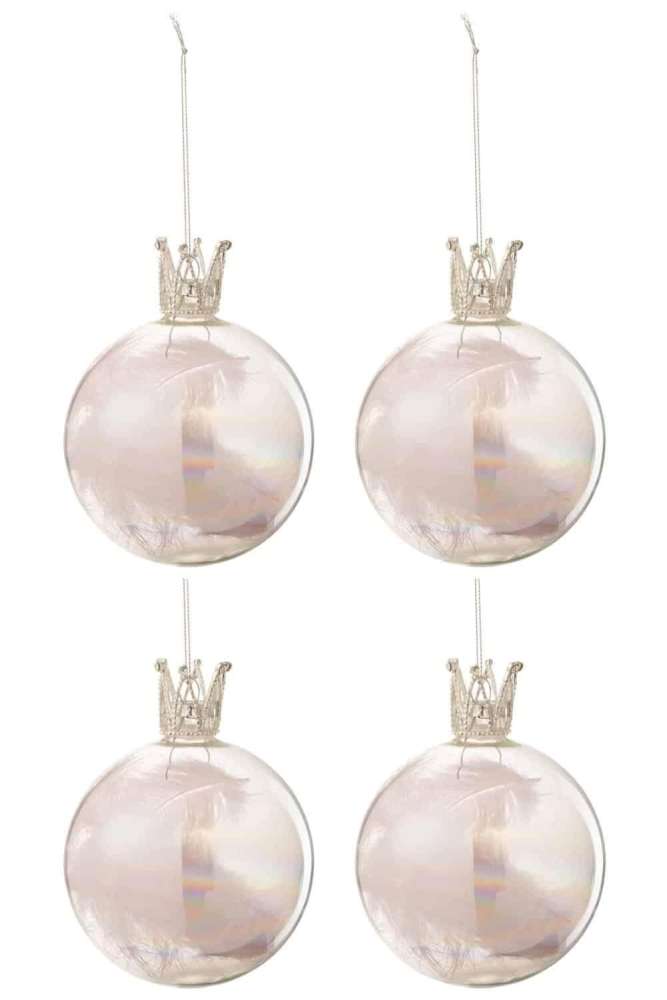 BOX OF 4 CHRISTMAS BAUBLES CROWN FEATHER LIGHT PINK GLASS CLEAR MEDIUM