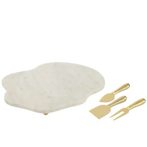 CHEESE BOARD + CHEESE KNIFE IRREGULAR MARBLE WHITE/GOLD COLORED