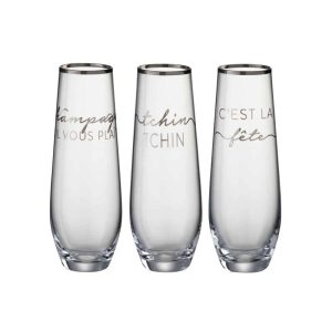 DRINKING GLASS TEXT FRENCH RIM GLASS TRANSPARENT/SILVER ASSORTMENT OF 3