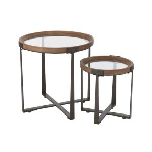 SET OF 2 COFFEE TABLES MINE GLASS/FIR WOOD NATURAL/BLACK