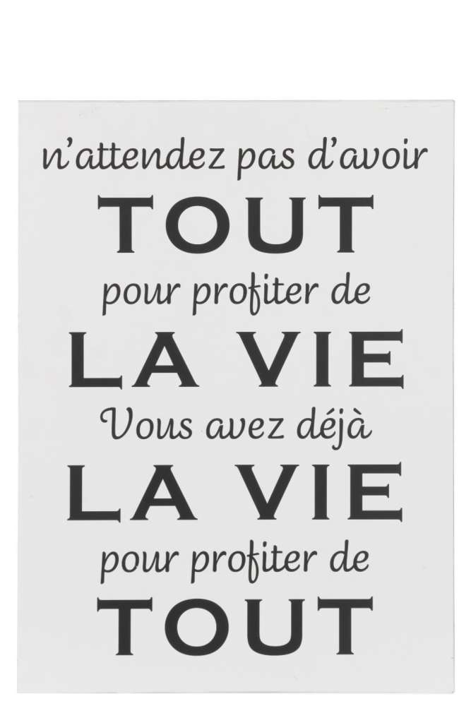 PLACARD TEXT FRENCH VIE METAL WHITE/BLACK