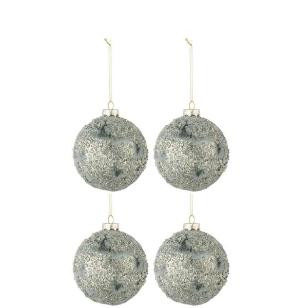 BOX OF 4 CHRISTMAS BAUBLES FINE STONES GLASS GREY/GREEN MEDIUM