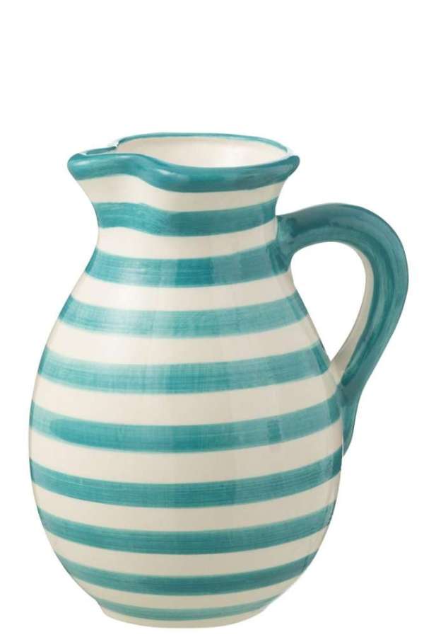 PITCHER GRANADA STRIPES CERAMIC WHITE/AQUA LARGE