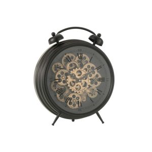 CLOCK ALARM ROMAN NUMERALS GEARS METAL BLACK LARGE