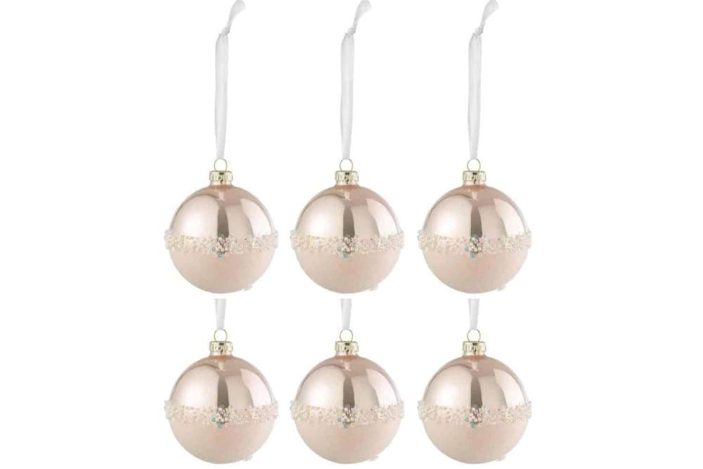 BOX OF 6 CHRISTMAS BAUBLES LINE SEQUINS GLASS MATTE/SHINY LIGHT PINK SMALL