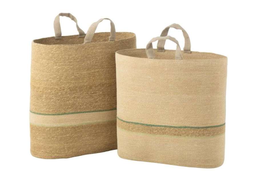 SET OF 2 BASKET STRIPE + HANDLE NATURAL/GREEN