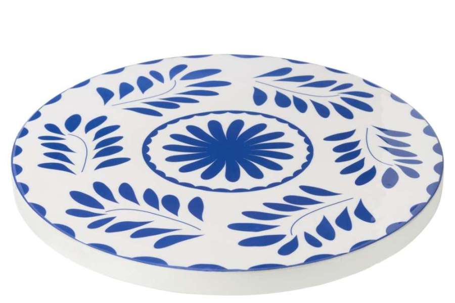 TRAY TURNING ROUND FLORAL PATTERN MANGO WOOD BLUE/WHITE