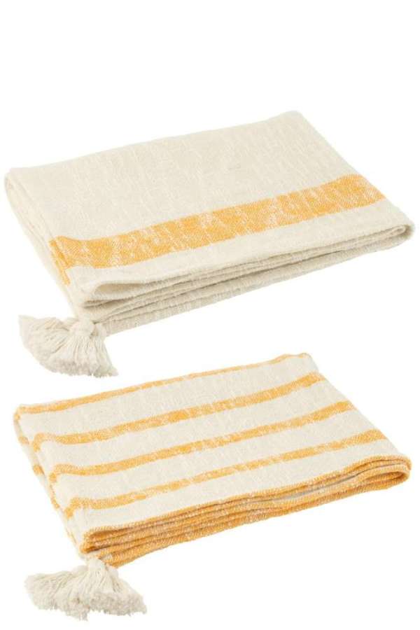 PLAID STRIPES+TASSELS COTTON WHITE/ORANGE ASSORTMENT OF 2