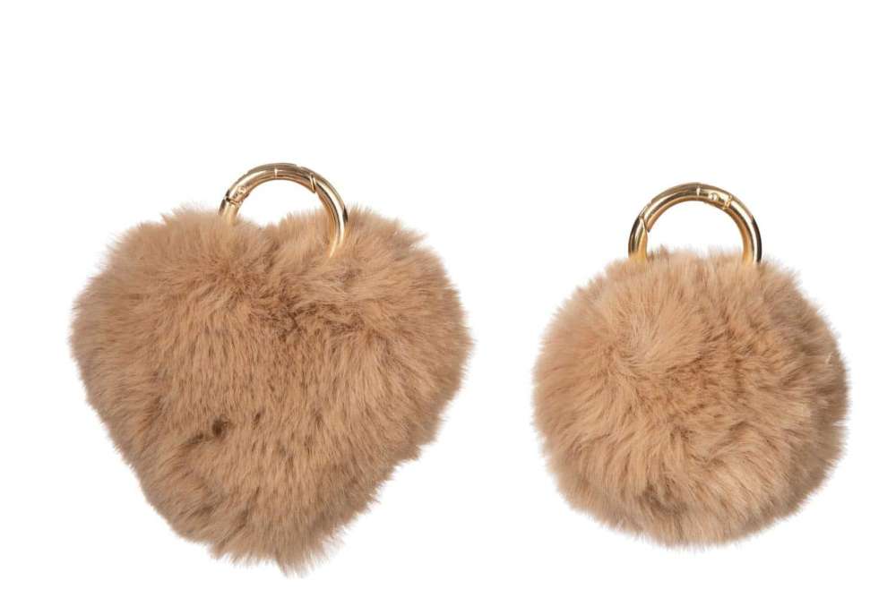 KEYCHAIN BALL/HEART ACRYLIC BEIGE ASSORTMENT OF 2