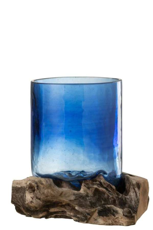 VASE/BASE FELIX WOOD/GLASS BLUE LARGE