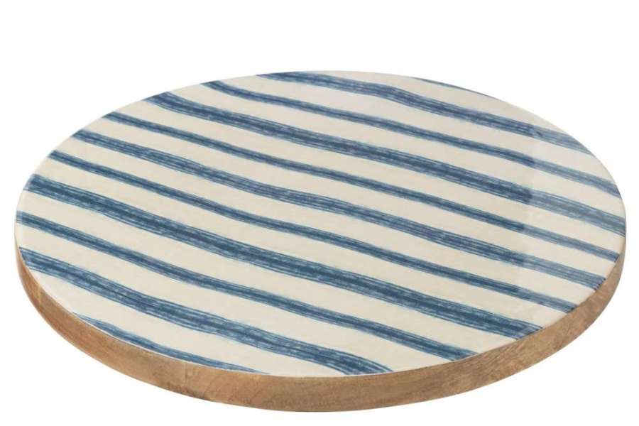 TRAY TURNING ROUND STRIPES MANGO WOOD BLUE/WHITE