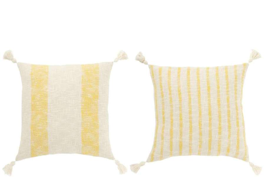 CUSHION SQUARE STRIPES+TASSELS COTTON WHITE/YELLOW ASSORTMENT OF 2