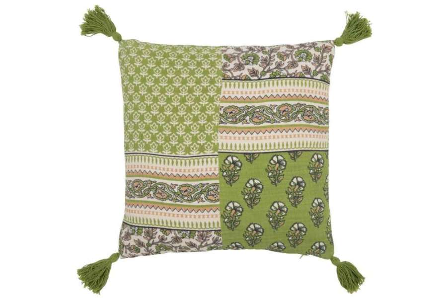 CUSHION FLOWERS+TASSELS COTTON GREEN