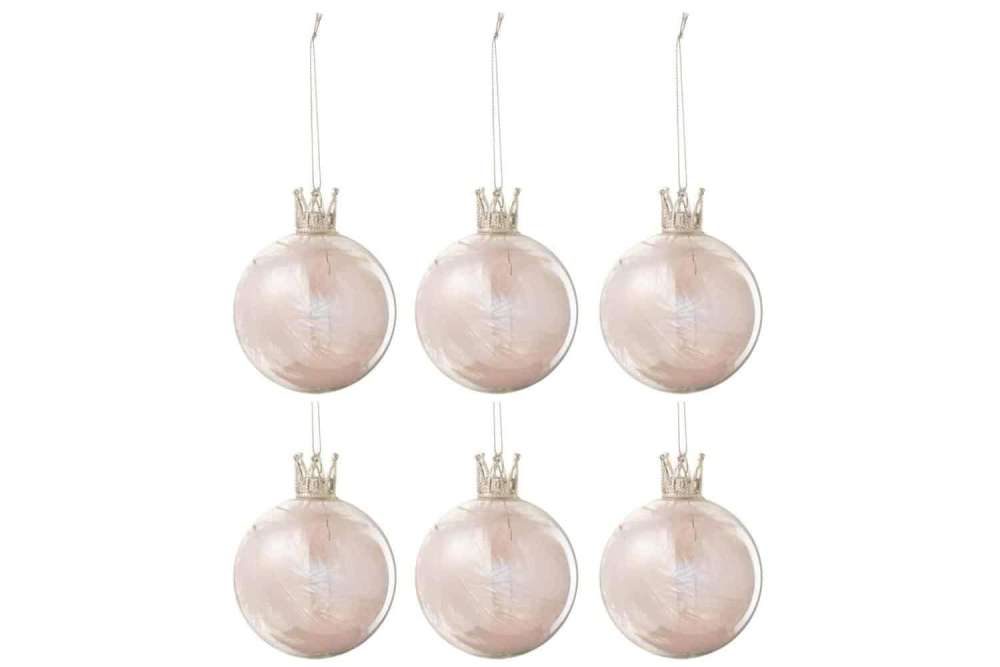 BOX OF 6 CHRISTMAS BAUBLES CROWN FEATHER LIGHT PINK GLASS CLEAR SMALL