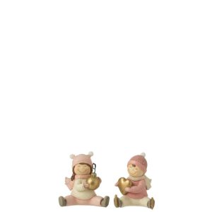 BOY + GIRL SITTING HEART XMAS BAUBLE RESIN PINK ASSORTMENT OF 2