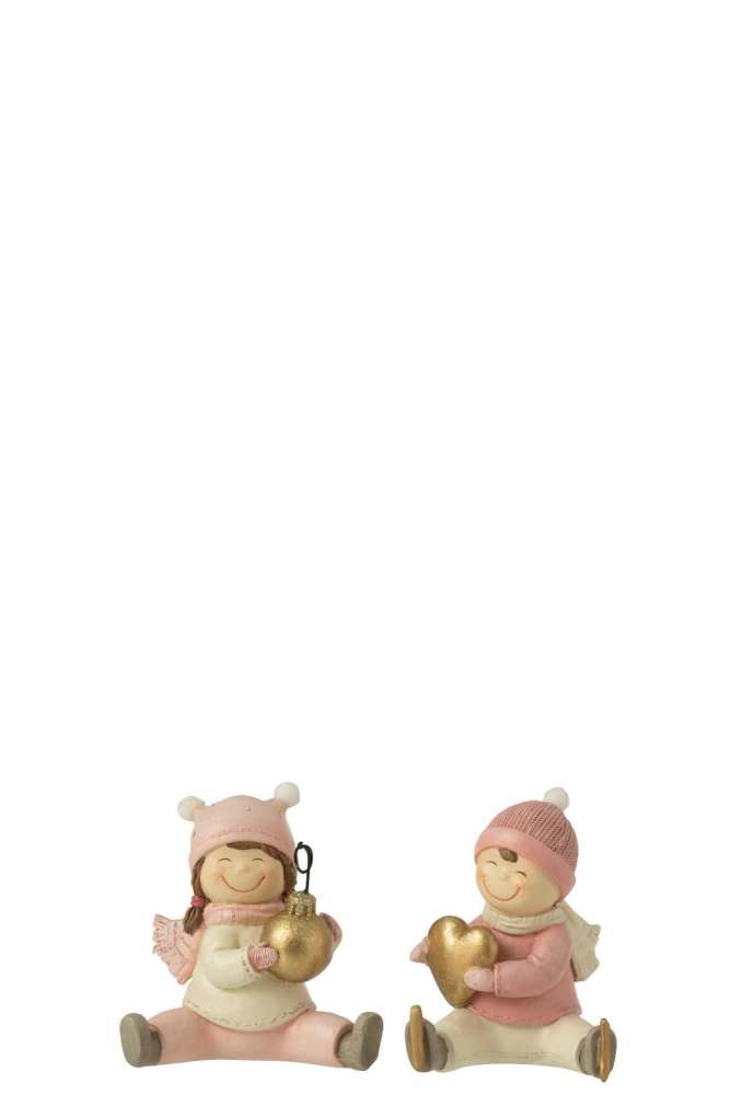 BOY + GIRL SITTING HEART XMAS BAUBLE RESIN PINK ASSORTMENT OF 2