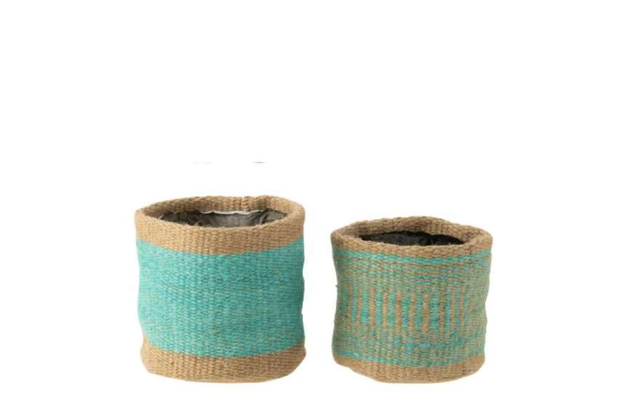 SET OF 2 BASKET ROUND+BAND JUTE NATURAL/AZURE XS/S