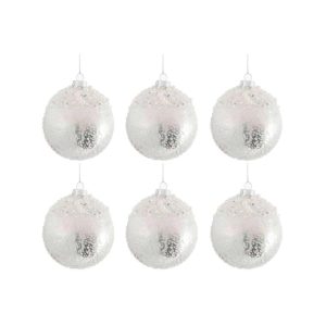 BOX OF 6 CHRISTMAS BAUBLE PEARL GLASS ANTIQUE SILVER/WHITE SMALL