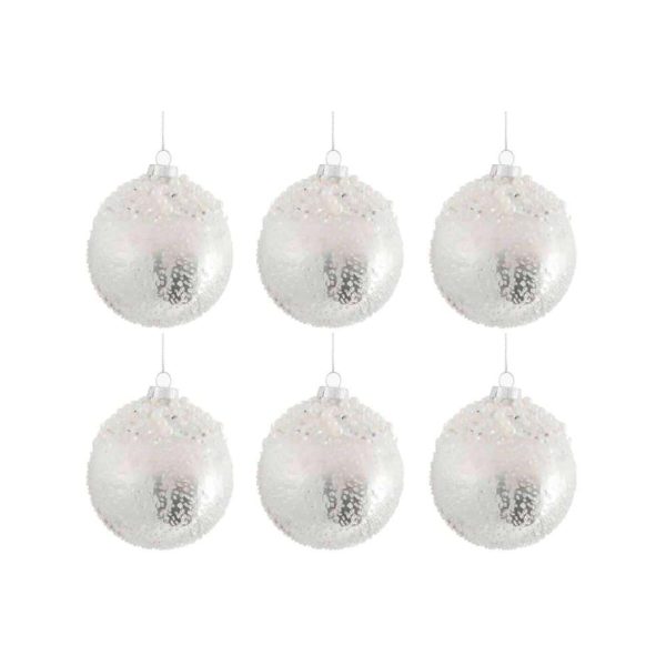 BOX OF 6 CHRISTMAS BAUBLE PEARL GLASS ANTIQUE SILVER/WHITE SMALL