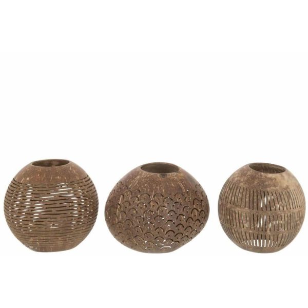TEALIGHT HOLDER COCONUT LINES BROWN ASSORTMENT OF 3
