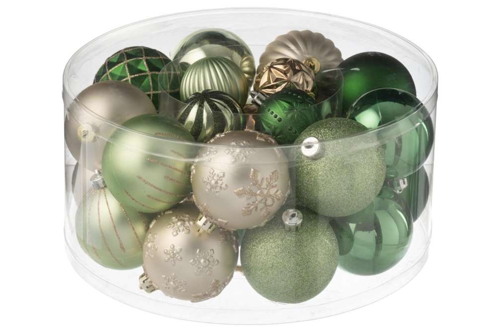 BOX OF 30 CHRISTMAS BAUBLE PLASTIC MINT GREEN/ECRU