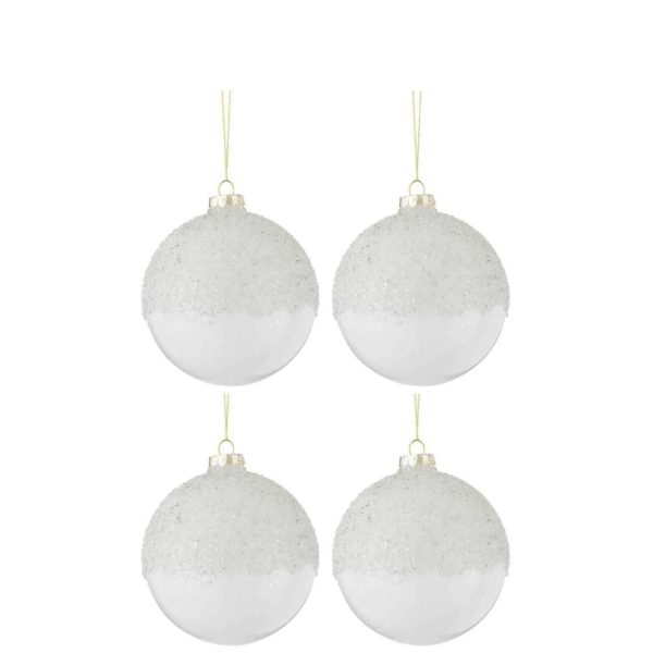 BOX OF 4 CHRISTMAS BAUBLES SUGAR ABOVE GLASS TRANSPARENT WHITE MEDIUM