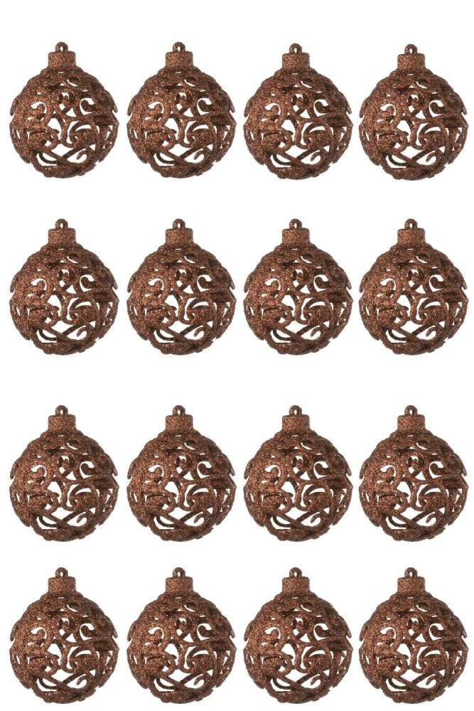 BOX OF 16 CHRISTMAS BAUBLE BAROQUE PATTERN PLASTIC DARK BROWN