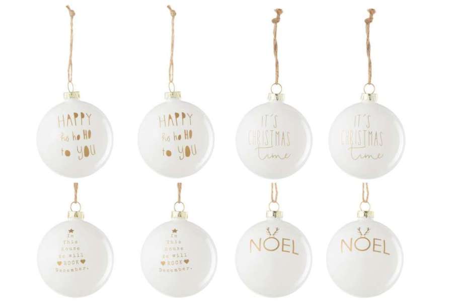 BOX OF 8 CHRISTMAS BAUBLE 2+2+2+2 TEXT CHRISTMAS GLASS WHITE/GOLD