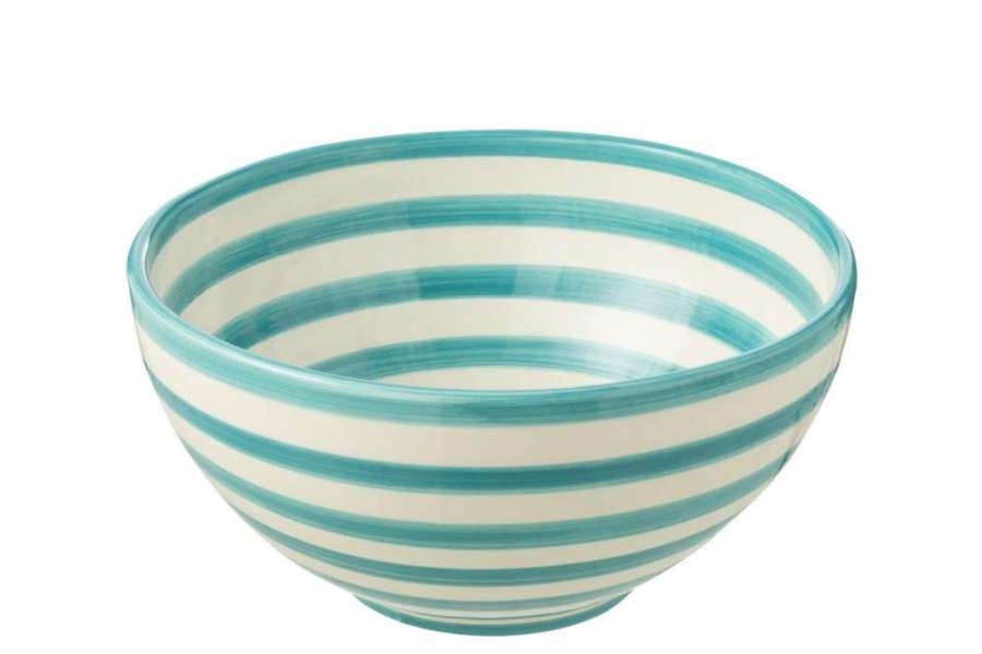 BOWL GRANADA STRIPES HIGH CERAMIC WHITE/AQUA LARGE