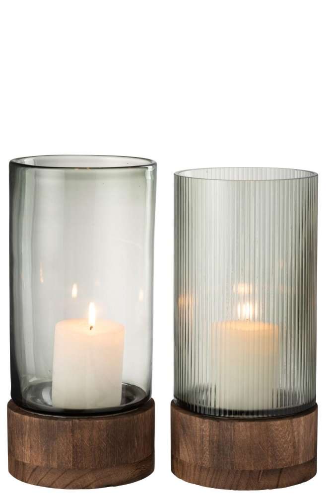 CANDLEHOLDER/VASE RAY GLASS/WILLOW WOOD GREY/NATURAL MEDIUM ASSORTMENT OF 2