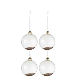 BOX OF 4 CHRISTMAS BAUBLES DECO GLASS CLEAR/GOLD MEDIUM