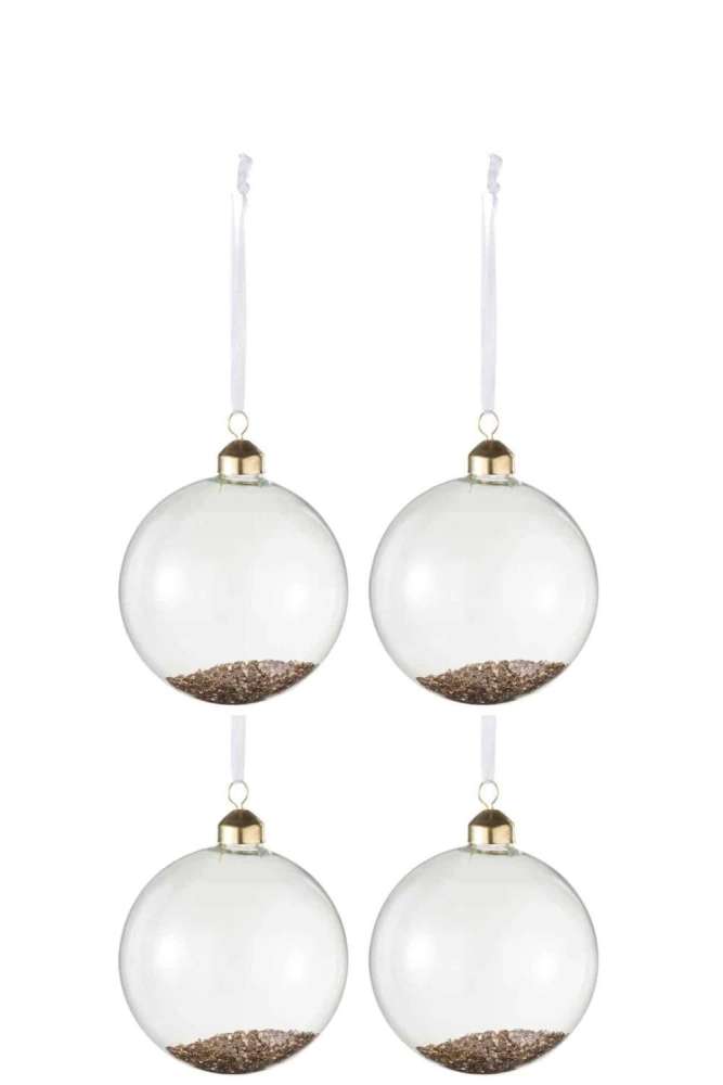 BOX OF 4 CHRISTMAS BAUBLES DECO GLASS CLEAR/GOLD MEDIUM