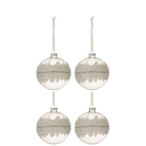 BOX OF 4 CHRISTMAS BAUBLES SUGAR MIDDLE DIAMONDS LINE GLASS CLEAR MEDIUM