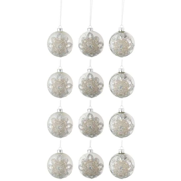 BOX OF 12 CHRISTMAS BAUBLES 4+4+4 ORNAMENT PEARLS GLASS MATTE WHITE/MATTE SILVER/SHINING SILVER SMAL