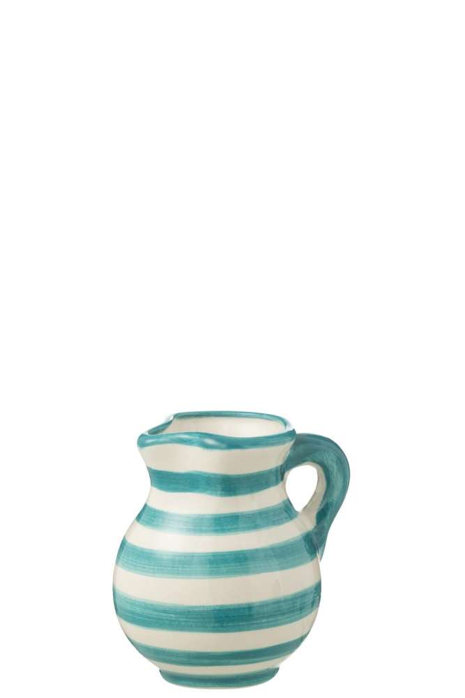 PITCHER GRANADA STRIPES CERAMIC WHITE/AQUA SMALL