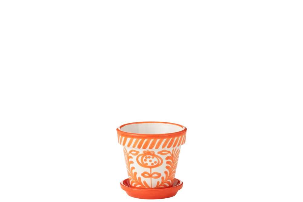FLOWERPOT+PLATE GRANADA HANDMADE/HANDPAINTED CERAMIC ORANGE/WHITE SMALL