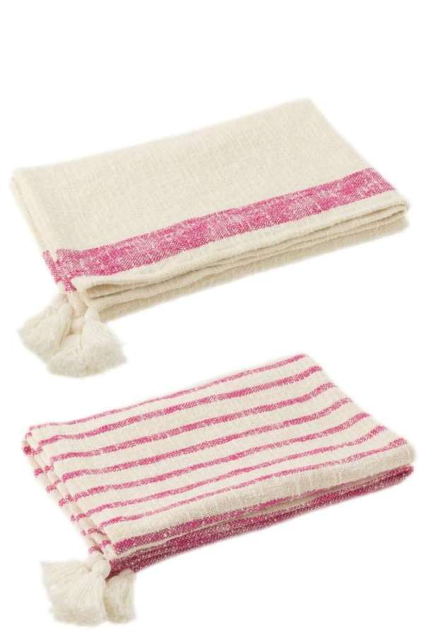 PLAID STRIPES+TASSELS COTTON WHITE/PINK ASSORTMENT OF 2