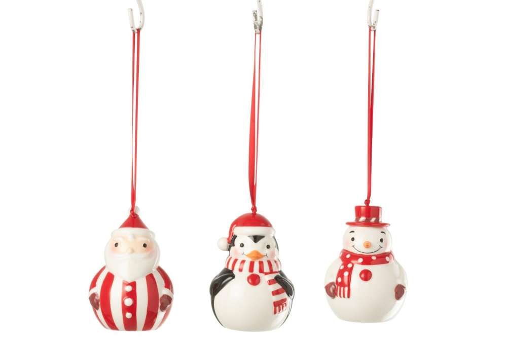 HANGER PENGUIN + SNOWMAN + SANTA CLAUS DOLOMITE CHRISTMAS RED/WHITE ASSORTMENT OF 3