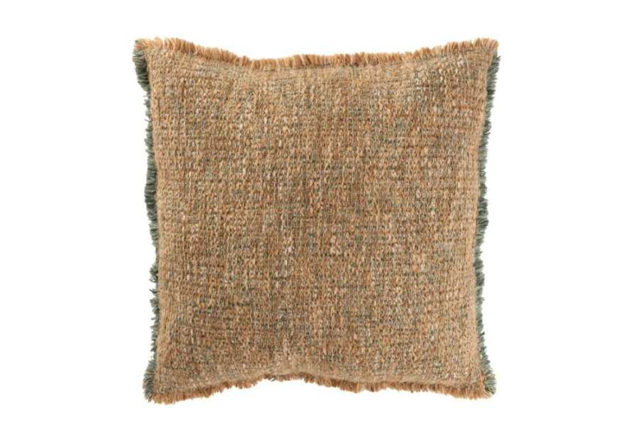 CUSHION FRAYED EDGES POLYESTER/COTTON LIGHT BROWN/GREEN