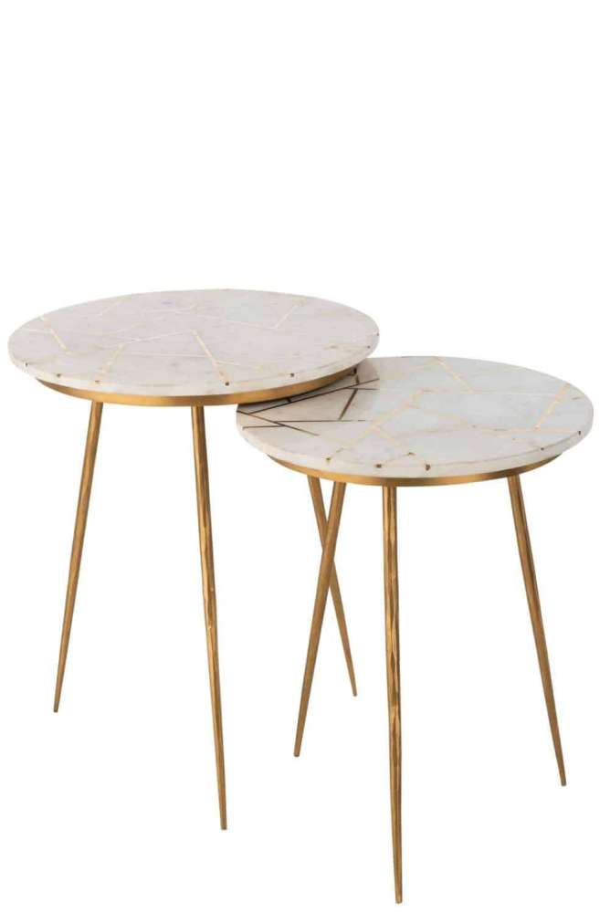 SET OF TWO SIDETABLE MARBLE/IRON GOLD/WHITE