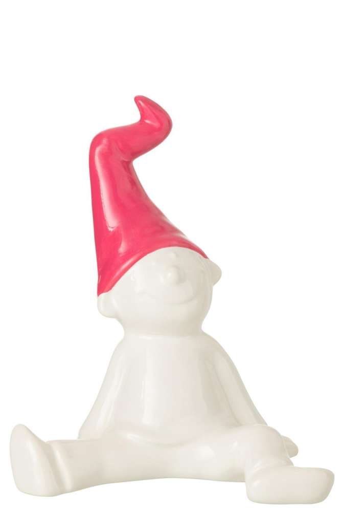 GNOME SITTING FAIENCE WHITE/FUSCHIA LARGE
