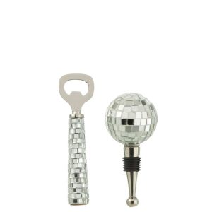 BOTTLE OPENER + BOTTLE STOPPER MOSAIC GLASS SILVER COLORED