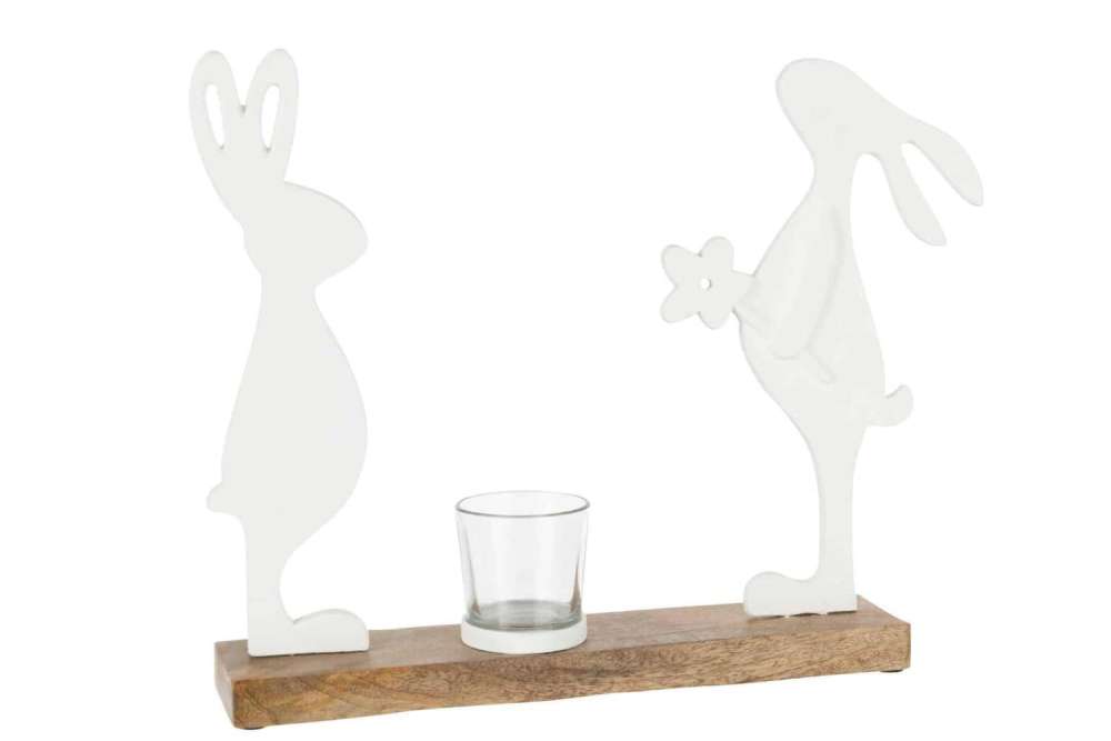 TEALIGHT HOLDER RABBITS MANGO WOOD/IRON WHITE NATURAL