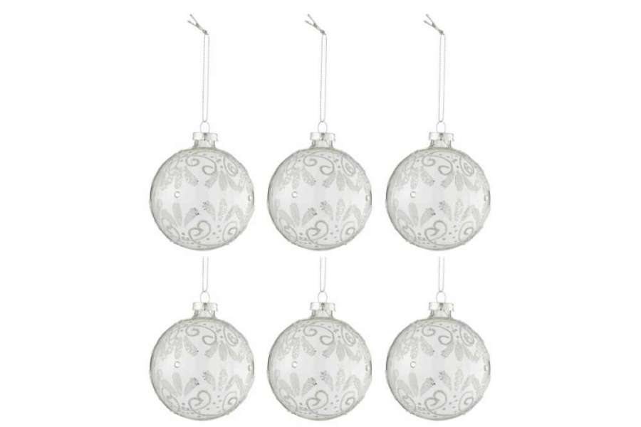 BOX OF 6 CHRISTMAS BAUBLES CURLS GLITTER SILVER GLASS TRANSPARENT SMALL
