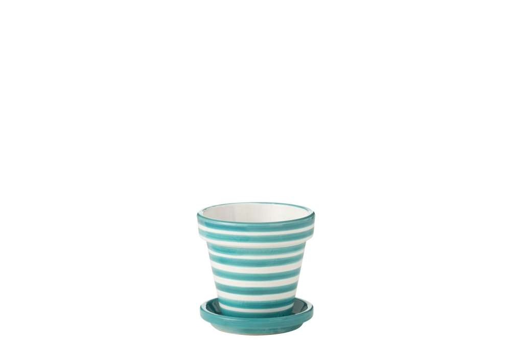 FLOWERPOT+PLATE GRANADA STRIPES HANDMADE/HANDPAINTED CERAMIC AQUA/WHITE SMALL