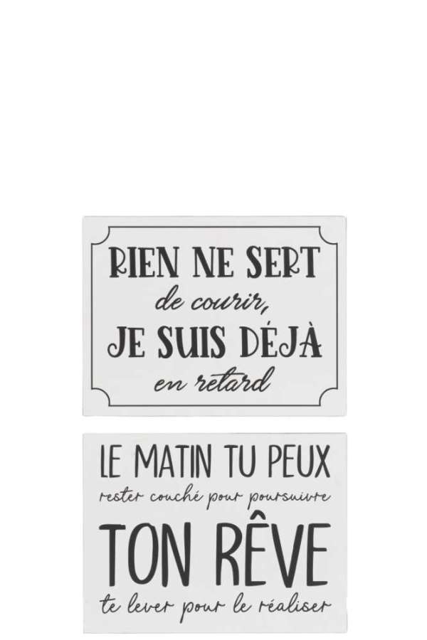 PLACARD TEXTS FRENCH RETARD REVE METAL WHITE/BLACK ASSORTMENT OF 2