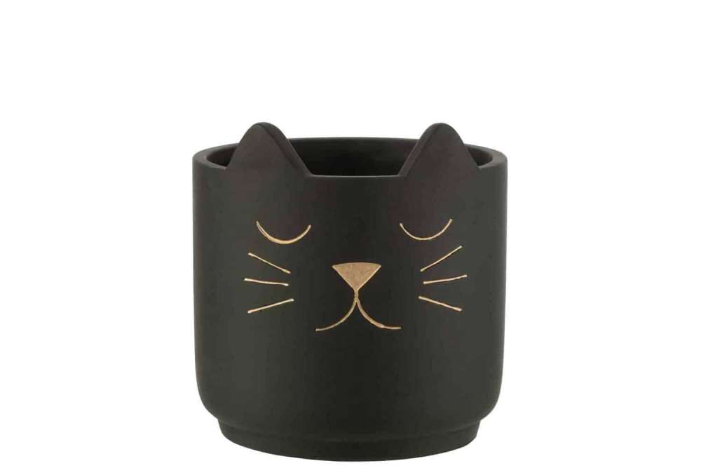 FLOWERPOT CAT CERAMIC BLACK/GOLD LARGE
